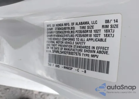 2015 Honda Odyssey Touring/Touring Elite from USA, damaged, VIN 5FNRL5H92FB007976